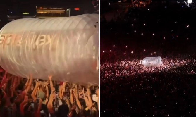 H Katy Perry «εγκλωβίστηκε» μέσα σε ένα τεράστιο πλαστικό μπουκάλι σε συναυλία